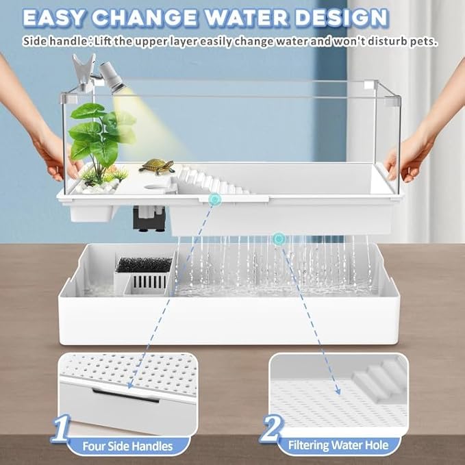 GOZILLA Large Turtle Tank Kit+Water Pump+Lamp, Acrylic Turtle Tank Starter Kit with Adjustable 5W Water Pump and Timing/Dimming Lamp, Multi-Functional Area for Small/Medium Turtles(Large-White Kit).