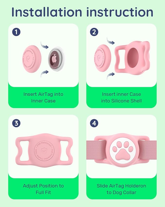 IP68 Waterpoof Dog Airtag Holder, Stretchy Silicone Full Body Covered Apple Air Tag Holder for Dog Cat Collar Fit All Width Collar (Pink/Red, 2 Pack)
