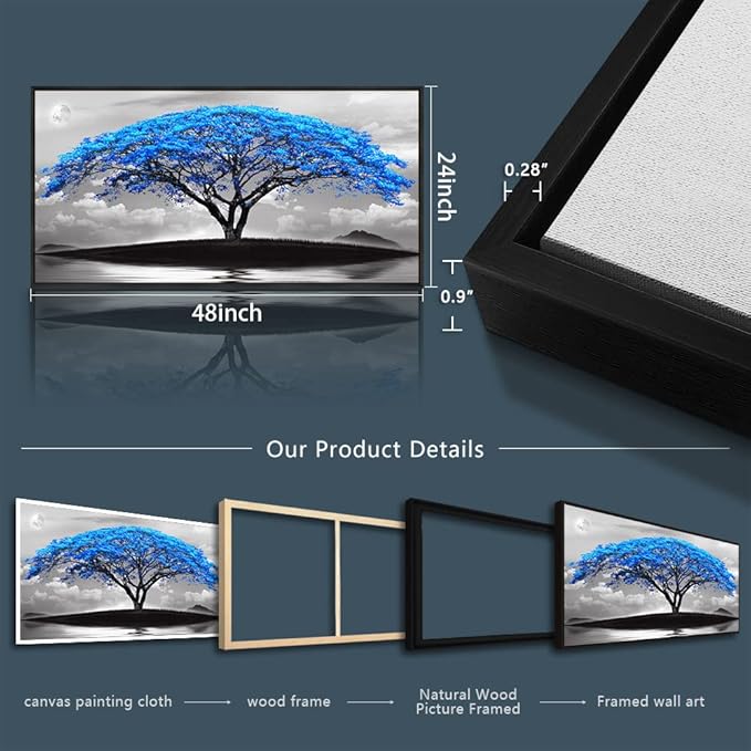 Framed Canvas Wall Art For Office Large Size Living Room Wall Decor Bedroom Decor Wall Pictures Artwork Black And White Landscape Blue Tree Moon Wall Painting Home Decorations Black Frame 24" X 48"