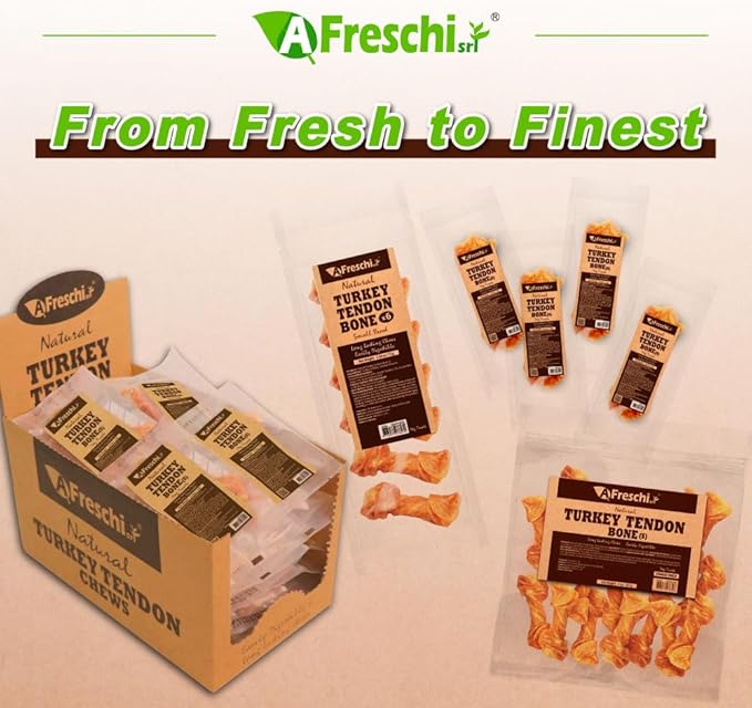 Afreschi Natural Turkey Tendon Bone (S) 40 Units/Box, Dog Treats for Signature Series, All Natural Human Grade Puppy Chew, USA-Sourced Turkey Tendon, Hypoallergenic, Rawhide Alternative