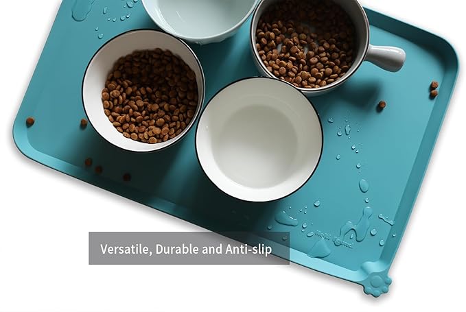 Hoki Found L Silicone Pet Food Mats Tray - Non Slip Pet Dog Cat Bowl Mats Placemat - Dog Pet Cat Feeding Mat - Waterproof Dog Cat Food Mats -Pet Water Mats for Carpet -Glacier