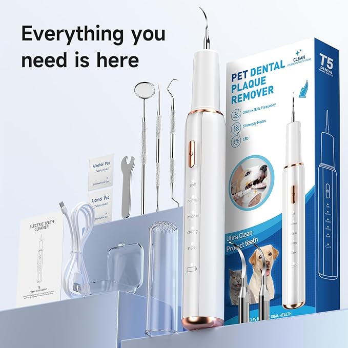 Electric Dog Plaque & Tartar Remover - Pet Teeth Cleaning Kit with LED Light, 5 Adjustable Modes, Safe and Low Noise – Easy Home Dental Care for Dogs and Cats