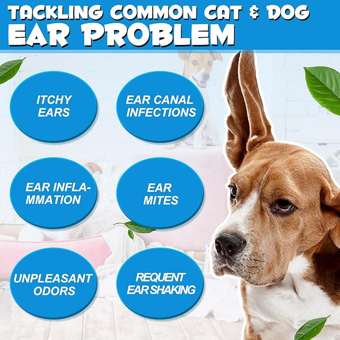 Dog Ear Infection Treatment, Cat & Dog Ear Cleaner for Itchy Relief, Antiseptic,Waxing,Cleansing, Ear Mite Treatment for Dog Cats, Yeast Ears Infection Treatment for Dogs, 2.02fl.oz