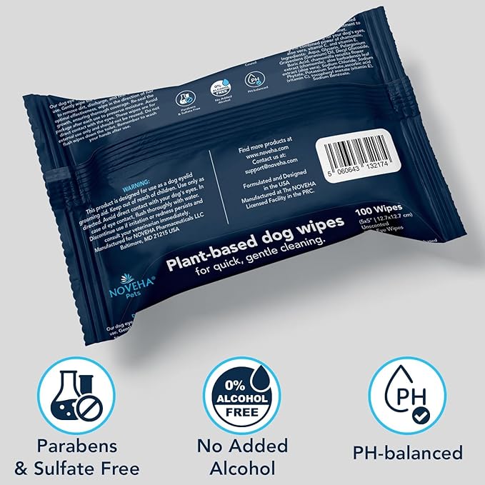 NOVEHA Dog Eye Wipes - Tear Stain Remover for Dogs - Formulated to Remove Eye Debris, Tear Stains & Eye Discharge - Plant Based, Safe, Convenient, and Large Unscented Wipes (100 Count x 3 Packages)