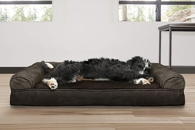 Furhaven Cooling Gel Dog Bed for Large/Medium Dogs w/ Removable Bolsters & Washable Cover, For Dogs Up to 55 lbs - Plush & Suede Sofa - Espresso, Large
