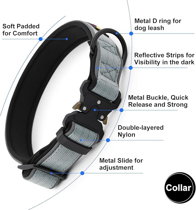 Plutus Pet Tactical Dog Collar, Reflective, Adjustable Heavy Duty Dog Collar, Soft Padded and Comfortable, for Small Medium and Large Dogs (Gray, S)