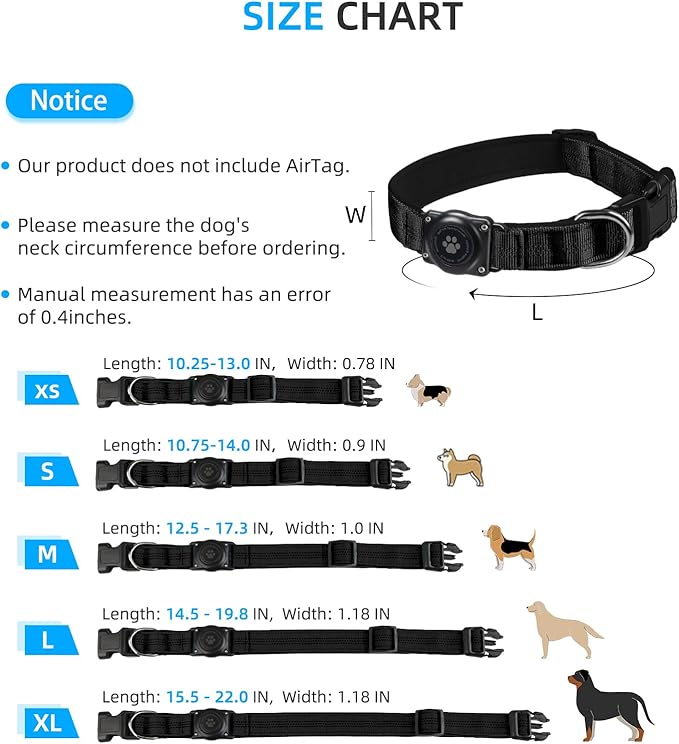 Upgraded AirTag Dog Collar, IP68 Waterproof Air Tag Dog Collar Holder, Reflective, Ultra-Durable, Comfortable Padded, Heavy Duty Dog Collars for Small Medium Large Dogs (S (10.6"-13.6"), Black)