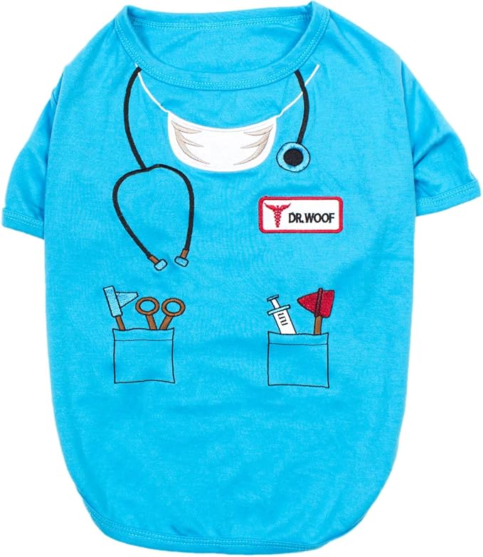 Parisian Pet Doctor Woof Dog Shirt - Embroidered Dog Pirate Costume - 100% Cotton & Polyester Doctor Outfit for Dog - Sleeved Dog Clothes - Blue Funny Dog Shirts for Large Dogs - Pet Costumes - L
