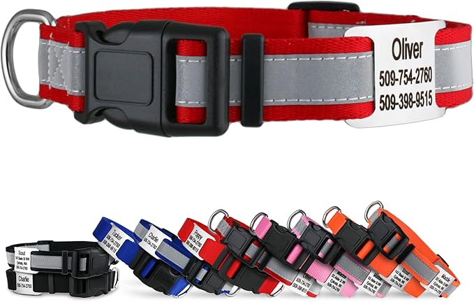 GoTags Reflective Personalized Dog Collar with Nameplate, Adjustable Dog Collar with Custom Engraved Steel Slide On Pet ID Tag, Silent, No Noise Dog Tag for Large Medium or Small (Red, Medium)