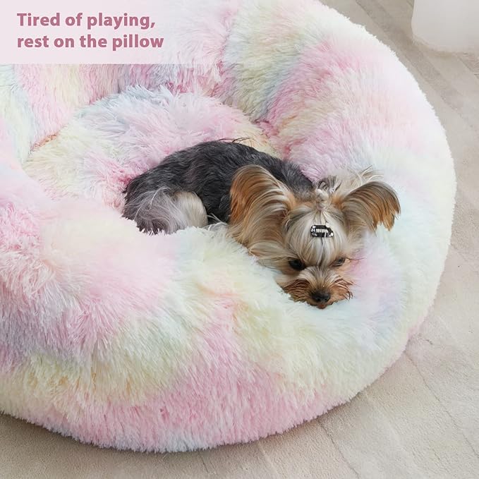 WNPETHOME Calming Dog Bed Cat Bed Donut, Faux Fur Pet Bed Self-Warming Donut Cuddler, Comfortable Round Plush Dog Beds (27 x 27 x 8 Inch, Rainbow)