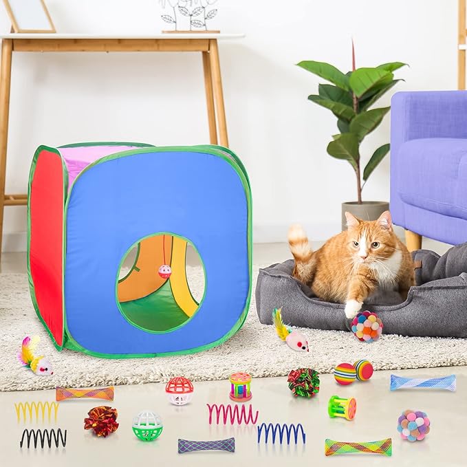 Retro Shaw 33Pcs Cat Toys for Large Cats, Interactive Kitten Toys for Indoor Cats Kitty with Collapsible Game Tunnel Tube Tent Feather Wand Teaser Bell Fuzzy Ball Springs Mouse Toys