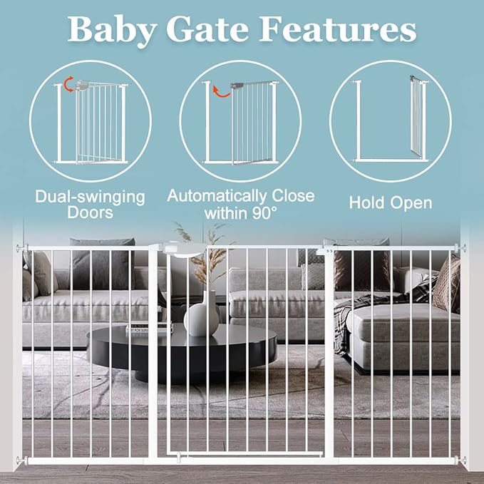 WAOWAO Triple Lock Baby Gate Extra Wide 31.1-35.04" Pressure Mounted Walk Through Swing Auto Close Safety White Metal Dog Pet Puppy for Stairs,Doorways,Kitchen