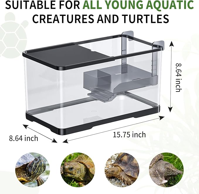 (Tank + Light + Filter Balls) Turtle Tank Kit, Turtle Tank Starter Kit,Bottom Drainage, Multi-Function Areas for Turtles, Crabs,Fishes, Amphibians,Reptiles. (15.75 x 8.64 x 8.64 Inch)