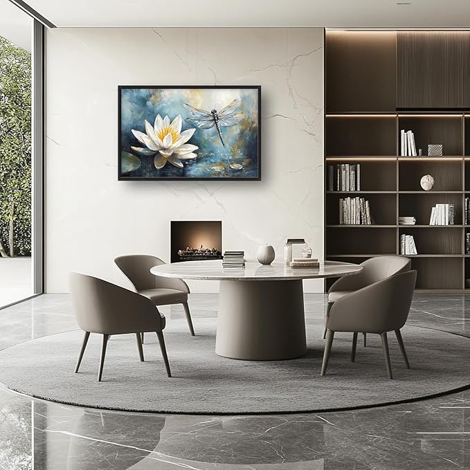 Extra Large Lotus Dragonfly Framed Wall Art for Living Room,Abstract Blue Lotus Flower Lake Pictures Wall Decor,Nature Canvas Print Painting Modern Artwork Bedroom Office Bathroom 36L" x 24W"