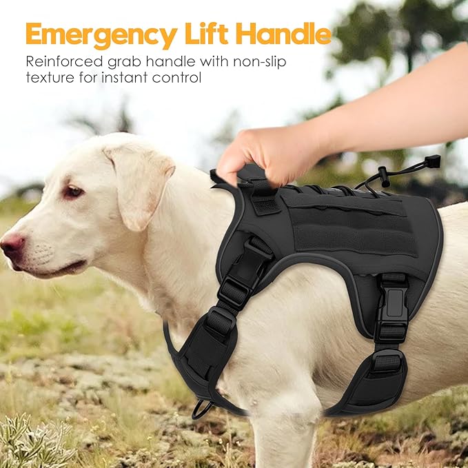 Heavy-Duty Tactical Dog Harness for Large Dogs, No Pull Adjustable Reflective Pet Vest with Molle System, K9 Military-Grade Control for Service Training, Outdoor & 10+ Breeds, Black, XX-Large