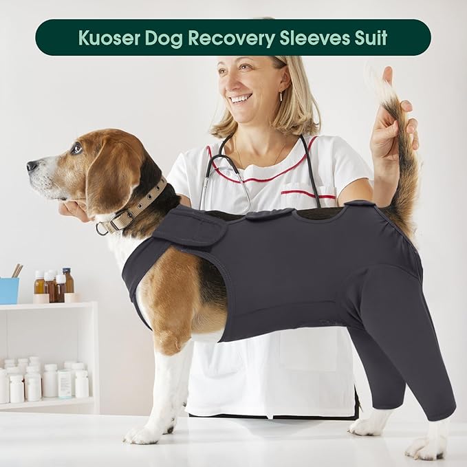 Kuoser Dog Surgery Recovery Suit - Thigh Wound Protective Sleeve for Female & Male Dogs, Pet Surgical Onesie for Spay/Neuter, Gray XXL