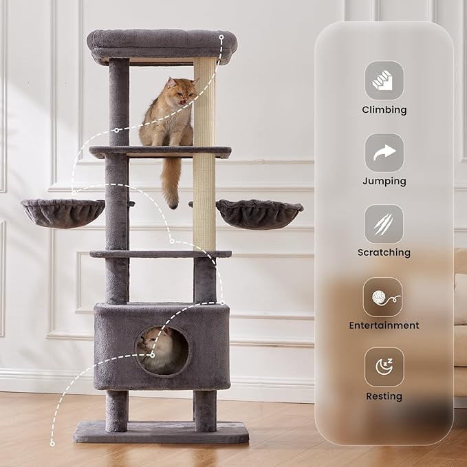 Gardner Pet 65in Heavy Duty Cat Tree Tower for Large Cats, Multi-Level Cat Furniture with Replaceable Sisal Scratching Post, Hammock | Extra-Large Platform & Condo (Upgraded Grey)