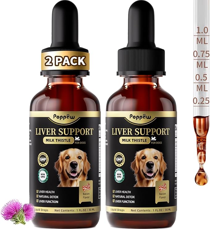 (2 Pack) Poppaw Milk Thistle for Dogs, 9-in-1 Liver & Kidney Support Drops with Artichoke, Resveratrol, Marigold Extract, Natural Detox Herbal Supplement for Liver Function, Bacon Flavor, 2 Oz