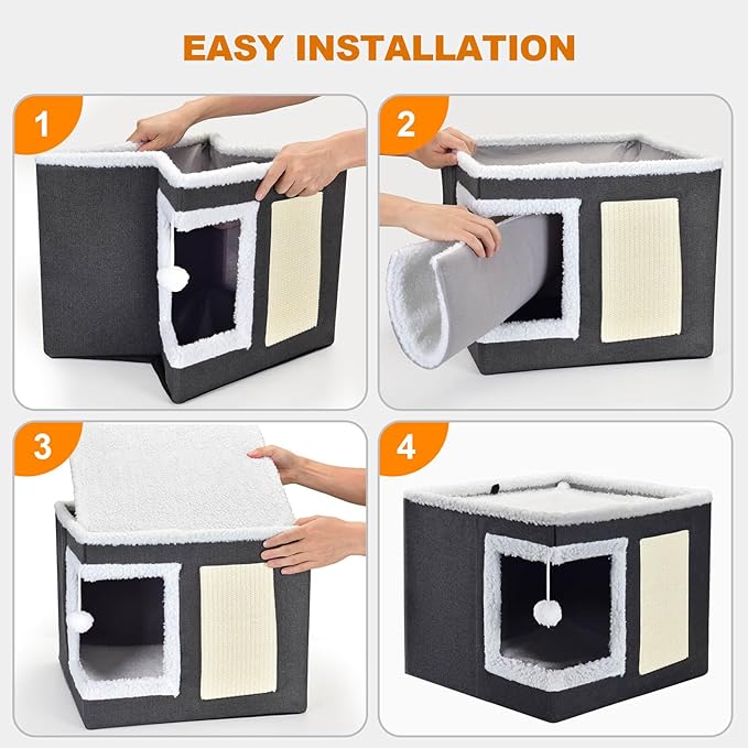 petizer Cat Bed for Indoor Cats, Large Covered Cat House with Scratch Pad, Foldable Cat Cave Bed & Hideaway Cube with Reversible Cushions, Cute Cat Condo for Multi Small Pet Kitten (Dark Grey)