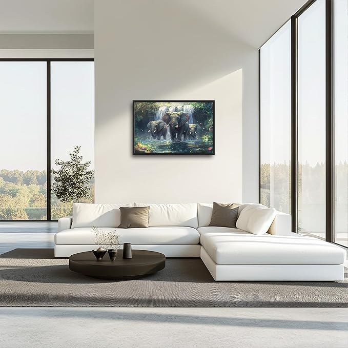 Large Elephant Wall Art for Living Room, Framed Oversized Forest Waterfall Wall Decor, Nature Landscape Canvas Painting Wildlife Artwork for Living Room Dining Room Bathroom Bedroom Office 36"x24"