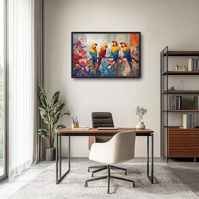 Extra Large Framed Parrot Bird Wall Art,Oversized Abstract Colorful Parrots Flower Wall Decor Pictures for Living Room,Canvas Print Painting Modern Artwork Bedroom Office Bathroom Home Decor 36L x24W