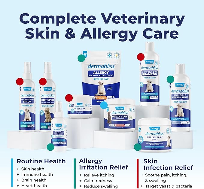Vetnique Dermabliss 3-in-1 Medicated Dog Wipes - Relief for Itchy Skin, Allergies & Odor Control, Gentle No-Sting Formula, Antihistamine & Hydrocortisone Paw Wipes for Dogs & Cats 50 Count