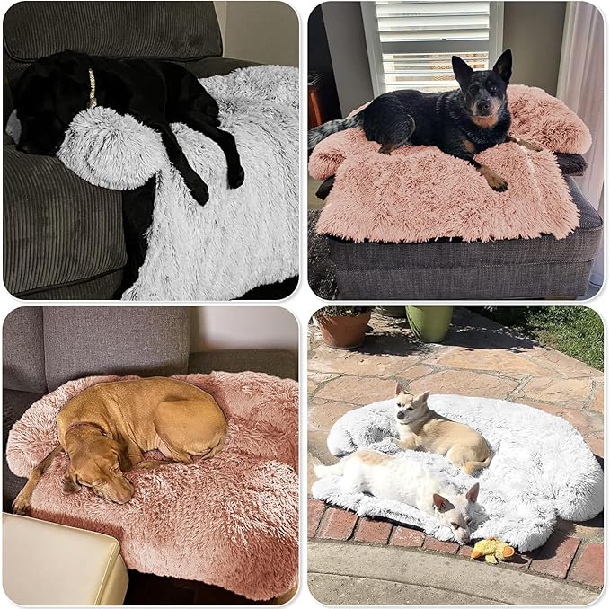 GGIB Calming Dog Bed Fluffy Plush Dog Mat for Furniture Protector with Removable Washable Cover for Large Medium Small Dogs and Cats (Large, Pink)