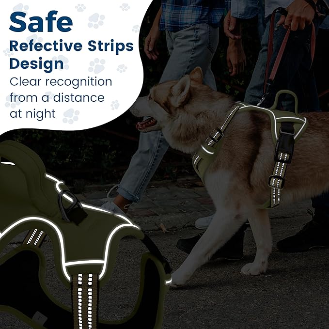 Funfox Dog Harness No Pull, Adjustable Pet Vest Harness, Super Soft Material with Vertical Handle Easy Control, Reflective Night Walking, 2 Leash Clips for Medium Sized Dogs, Army Green, M