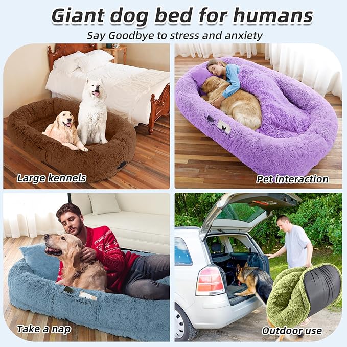 Human Dog Bed, 71''x45''x12'' Size Fits You and Pets, Washable Faux Fur Pet Bed for People Doze Off, Napping Orthopedic Dog Bed, Present Plump Pillow, Blanket, Strap - Pumpkin