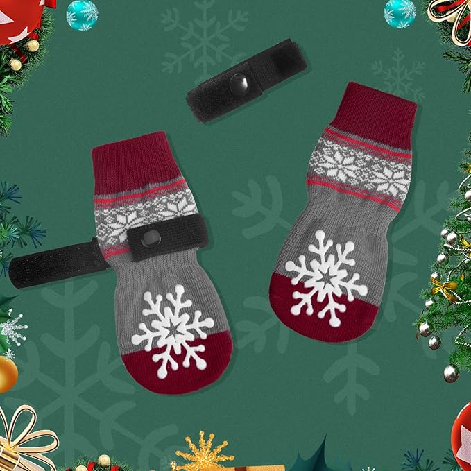 BEAUTYZOO Christmas Winter Anti-Slip Dog Socks with Grips Traction Control for Small Medium Large Dogs, Non Skid Indoor Double Side Pet Paw Protector for Hardwood Floor Wear, Snowflake M
