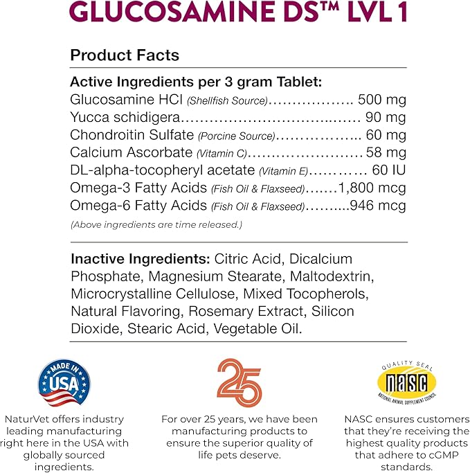 NaturVet – Glucosamine DS - Level 1 Maintenance Care | Preventative Care to Maintain Healthy Cartilage & Joint Function | Enhanced with Glucosamine & Chondroitin | for Dogs & Cats (240 Tablets)