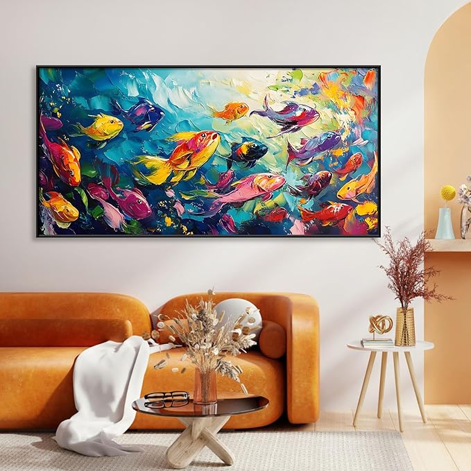 School of Fish Printed Canvas Wall Art – Framed Abstract Ocean Print – Vibrant Fish Wall Decor for Living Room, Bedroom, Office (Gold Framed, 47"x23"|120x60cm)