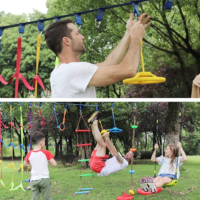 Rainbow Craft 3-Pack Ninja Monkey Wheels,Obstacle Course & Swing Set Attachments for Kids ,Outdoor Backyard Playground Accessory,Red, Blue & Yellow