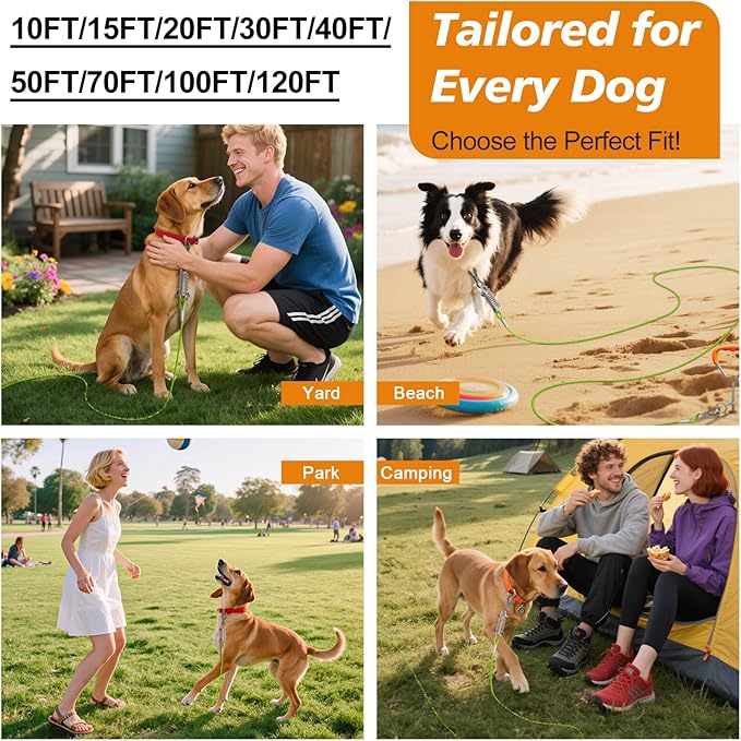 Tresbro 50 FT Dog Tie Out Cable with Spring, Shock Absorbing Tether Chains for Outside Aavilable in 10/15/20/25/30/40/50/70/100/120 FT, Heavy Duty Leads for Yard for Medium & Large Dogs Up to 500 LBS