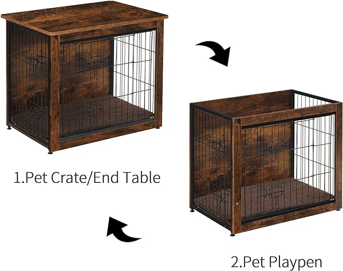 DWANTON Dog Crate Furniture with Cushion, Wooden Kennel Table with Double Doors, Indoor Dog House, Medium Size, 32.5" L, Rustic Brown