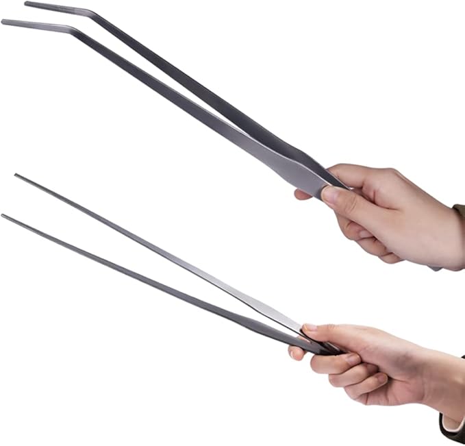 Extra Long Handle Aquarium Tweezers Serving Tongs Feed clamp,2 Pack Stainless Steel Straight and Curved Tweezers Set for Fish Tank Plants Reptile Feeding Tongs（15 Inchs）