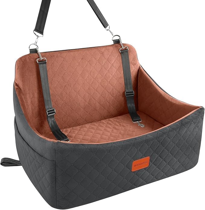 Dog Car Seat for Medium & Large Dogs Up to 55lbs, Memory Foam Cushion, Washable Cover, Safety Straps & Non-Slip Bottom(Black/Brown,Large)
