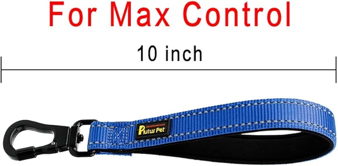 PLUTUS PET Short Dog Leash, Reflective Nylon Padded Handle, Strong Traffic Leash with Carabiner Clip, Perfect for Large or Medium Dogs (10”，Royal Blue)