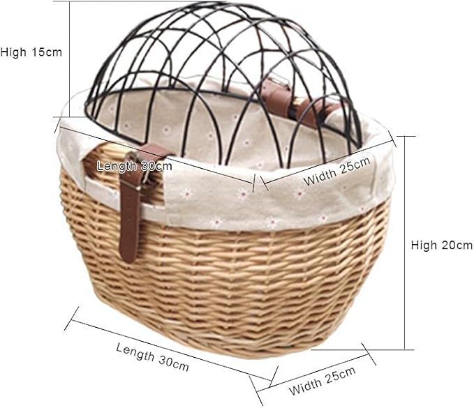 Shiker Basket with Wire Mesh Cover, Wicker Bike Basket for Small Dogs Cats, Front Handlebar Bike Basket, Easy to Detachable, 11.81 x 9.84 inch