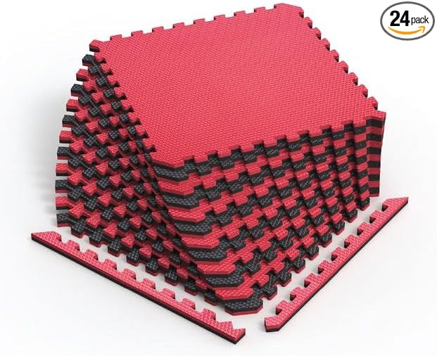 Norsk Reversible Gym Exercise Mats 3/4" Thick EVA Interlocking Foam Tiles, Perfect Home Gym Flooring, 24 Tiles & 48 Trim Pieces, 96 Sq. Ft. Reversible, Red/Black
