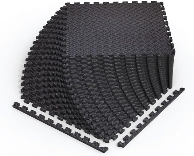 Norsk Foam Floor Gym Mats with Interlocking Tiles, .47" Thick, 24"x24", 48-Pack, 192 Square Feet, Diamond Plate Design, Black