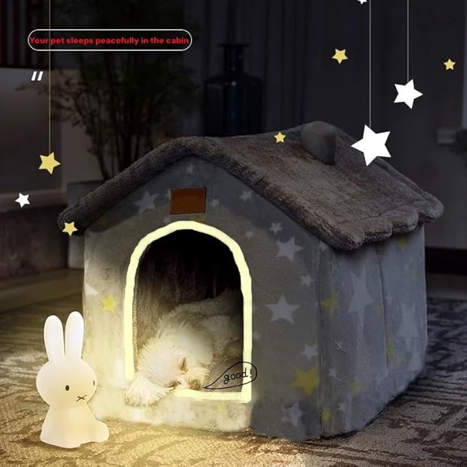 Scnbom Dog House Indoor Puppy Cave Cat Nest Kennel Pet Bed Portable Memory Sponge Foldable Houses with Cushion (Grey, L:Size fits 14kg/30lbs (Pets))