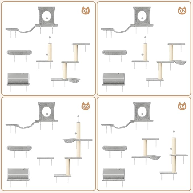 NUNU LAB Wall Mounted Cat Furniture, 7 Pcs Cat Wall Shelves with House, Tunnel, Bridge, Steps, Scratcher, Hammock, Bed, Indoor Safe & Stable Furniture for Kittens Play, Gray