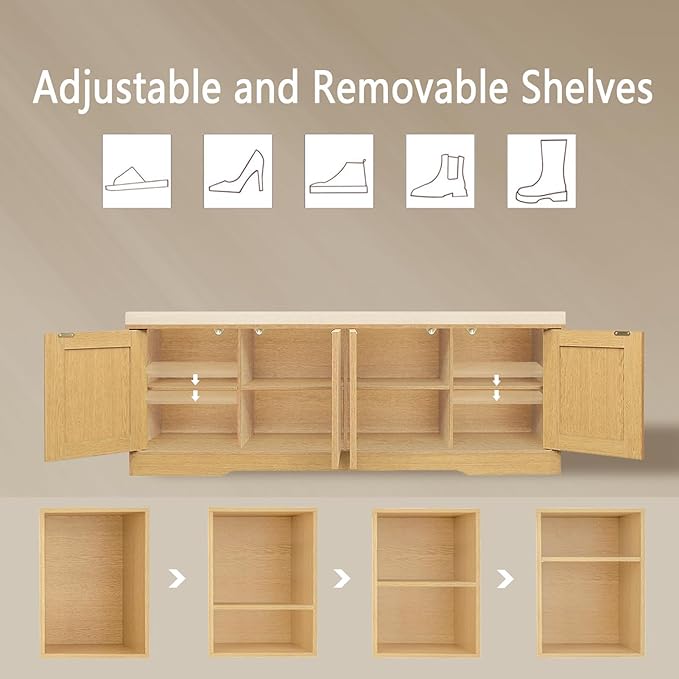 DINZI LVJ Shoe Bench, Entryway Storage Bench with Doors, Cushion, 2-Tier Shoe Rack with 8-Cubby, 47.2”L x 13.8”W Shoe Organizer Cabinet, Adjustable Shelf, Living Room, Bedroom Natural