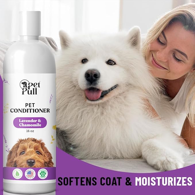 Dog Conditioner Puppy Essentials - Moisturizing Conditioner for Dogs with Lavender and Chamomile Scent - Plant Based Dog Bath Supplies Detangle and Revive Pet's Coat - Made in USA (16 Oz)