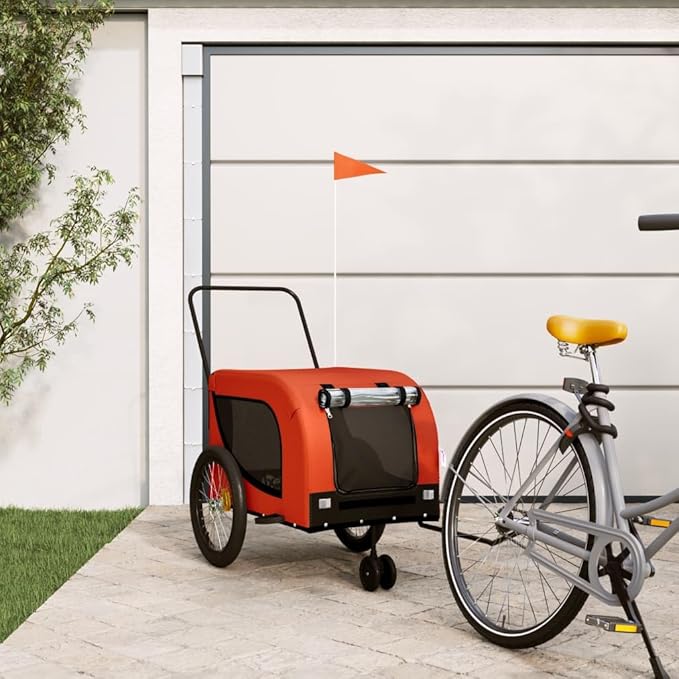 Tidyard Pet Bike Trailer Orange and Black Oxford Fabric and Iron Pet Bicycle Carrier, Animal Bike Stroller for Cat, Puppy, Dog, Outdoor, Travel Style B