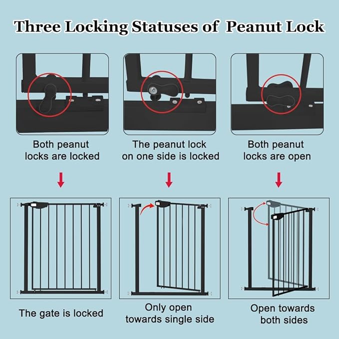 WAOWAO Triple Lock Baby Gate Extra Wide 35.04-38.97" Pressure Mounted Walk Through Swing Auto Close Safety Black Metal Dog Pet Puppy for Stairs