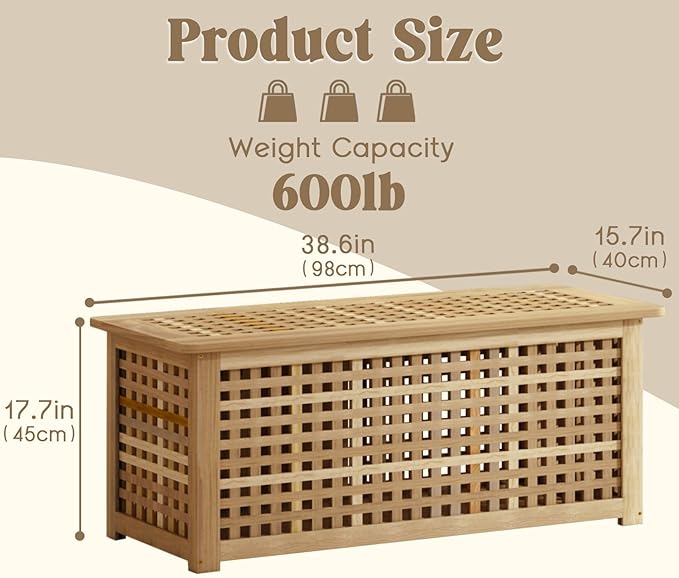 Bench with Storage, Acacia Laundry Hamper with Seat, Storage Benches with Seating for Entryway, Living Room, Bedroom, Bathroom (15.7x38.6x17.7in)