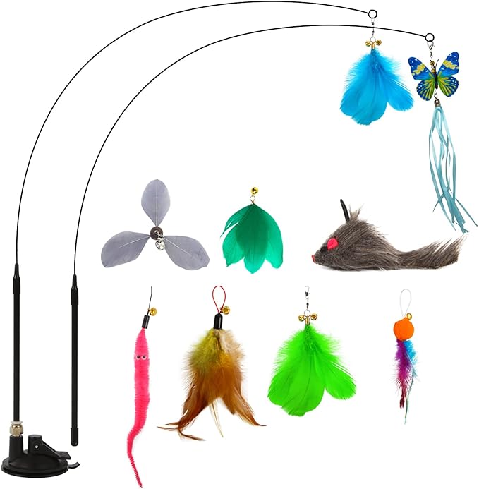 Cat Toys Wand Hands-Free Interactive with Super Suction Cup Sticky Detachable 9Pcs Refills 2 Stick for Indoor (Cat Wand with Suction Cup)