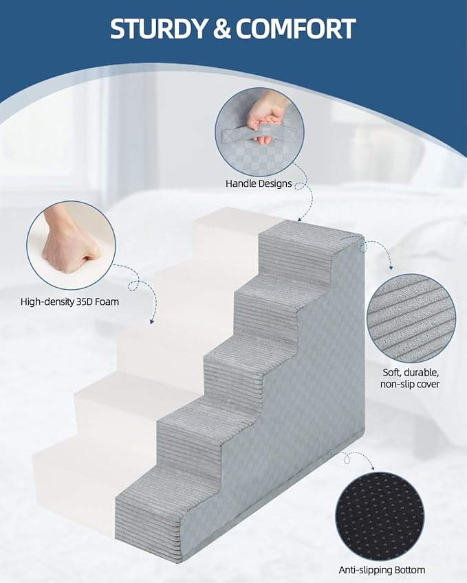 Dog Stairs for Small Dogs,22" H,5-Step Dog Steps for Bed and Couch with High Density Foam,Non-Slip Pet Steps for Doggy and Cat,Pet Stairs with a Washable Cover,Grey